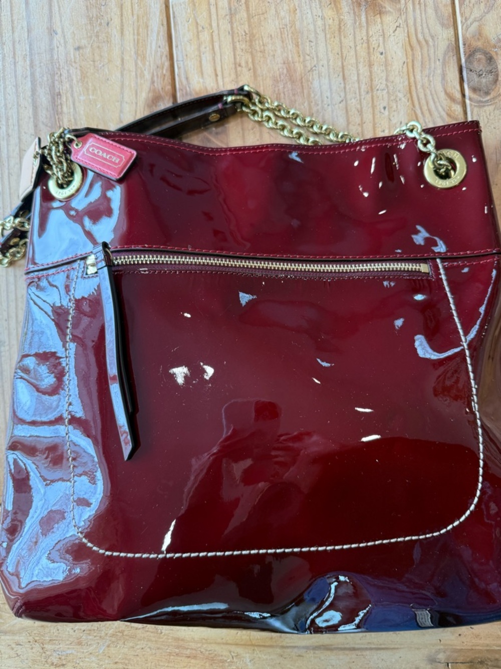 Patent Leather Chain-Trim Tote Bag in Deep Burgundy - Picture 5 of 7